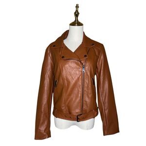 NWT Elodie Brown Long Sleeve Full Zip Leather Jacket Size M Buckle Moto Biker